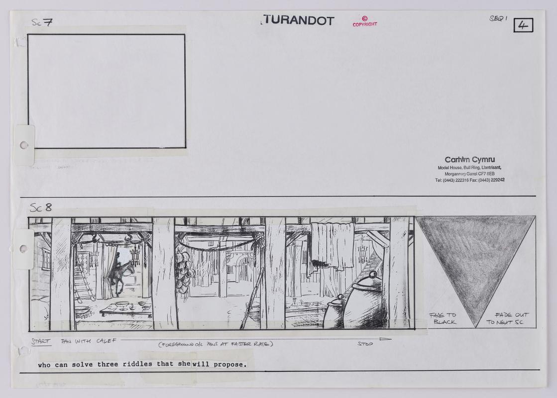 Storyboard page showing an opening scene from the animation Turandot. Stamped with production company name.