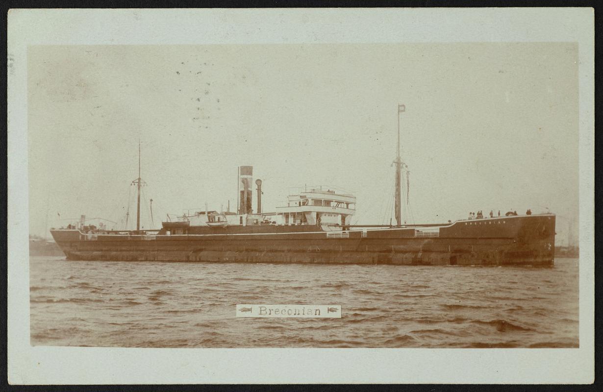 Real photograph postcard showing full starboard bows view of turret deck vessel S.S. BRECONIAN.