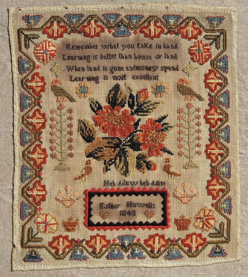 Sampler (verse, Welsh text &amp; motifs), made in Wales, 1848