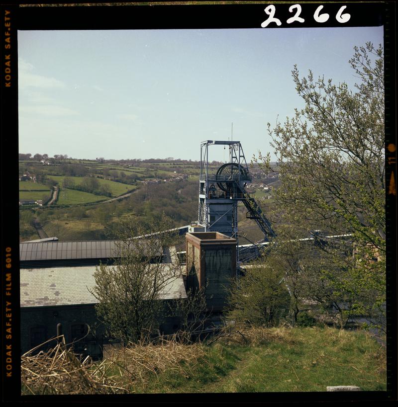 Colour film negative showing a view of the upcast shaft at Oakdale Colliery, 16 April 1981.  &#039;Oakdale 16/4/81&#039; is transcribed from original negative bag.