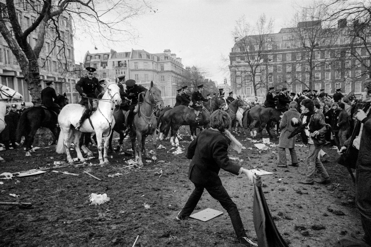 GB. ENGLAND. London. Trouble flared in Grosvenor Square, London, after an estimated 6,000 marchers faced up to police outside the United States Embassy. On March 17, an anti-war demonstration in Grosvenor Square, London, ended with 86 people injured and 200 demonstrators arrested. The protesters had broken away from another, bigger, march against US involvement in Vietnam but were confronted by a wall of police. 1968.