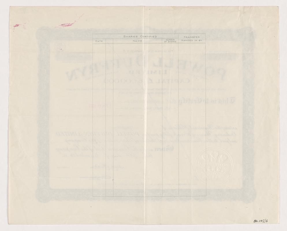 Powell Duffryn Ltd., share certificate