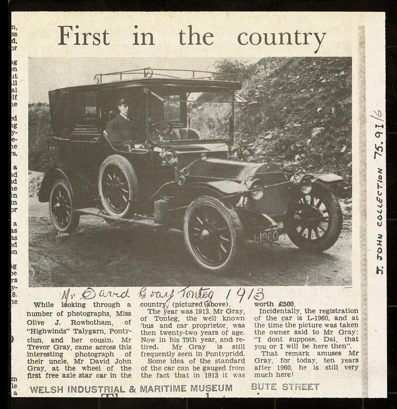Newspaper cutting headed &quot;First in the Country&quot;, showing a photo of Mr D.J. Gray at the wheel of the first free axle &quot;Star&quot; car in the Country in 1913