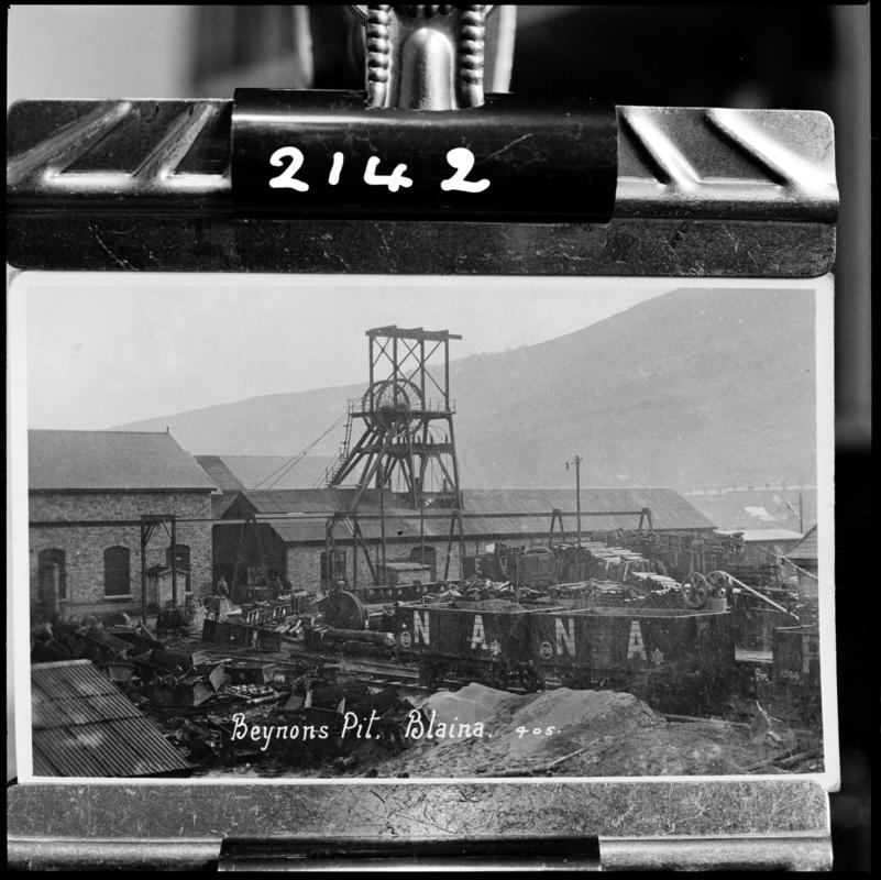 Black and white film negative of a photograph showing a general surface view of Beynon&#039;s Colliery, Blaina.  &#039;Beynon&#039;s Pit, Blaina&#039; is transcribed from original negative bag.