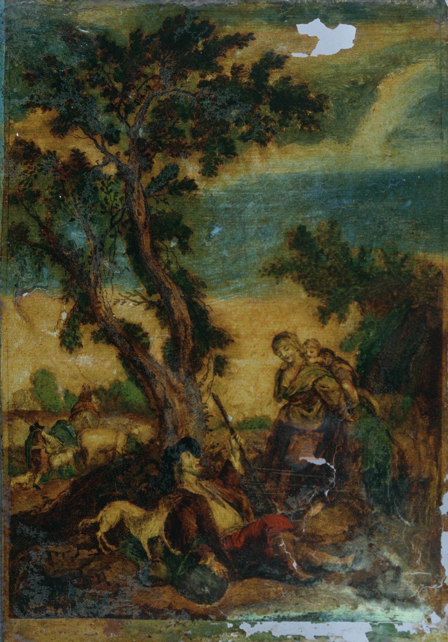 Shepherd beneath a tree watched by woman and child