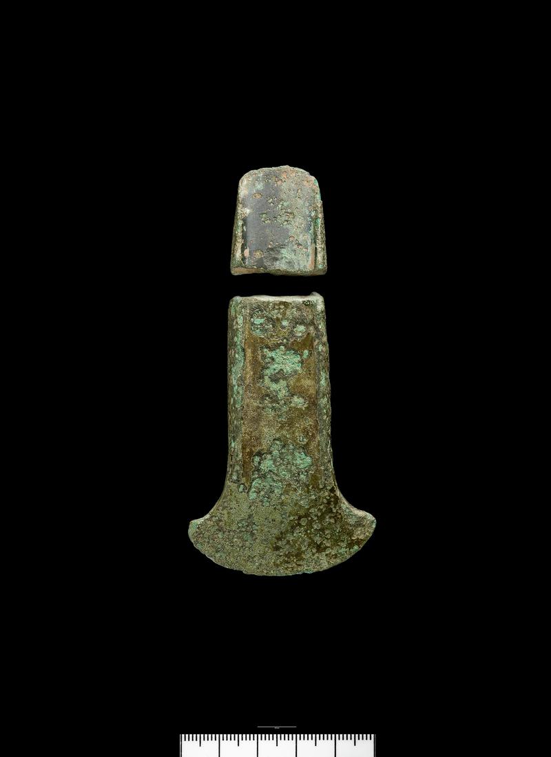 Long-flanged axe (2 fragments), part of Early Bronze Age bronze tool and weapon hoard (3 artefacts)
