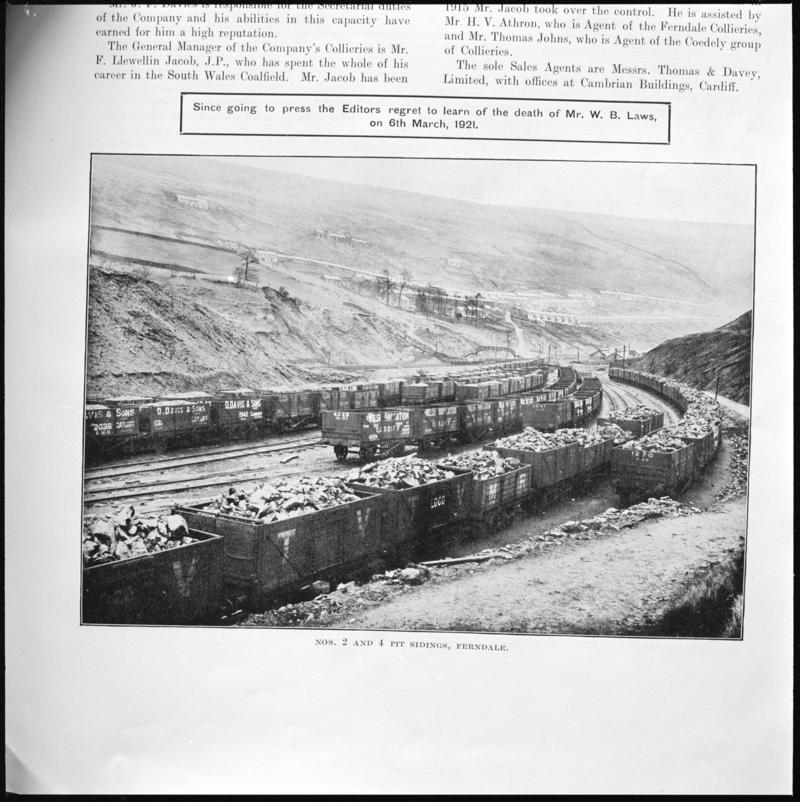 Black and white film negative showing a general surface view of nos.2 and 4 Pit sidings, Ferndale Colliery, photographed from a publication.  &#039;No 2 and 4 pit sidings, Ferndale&#039; is transcribed from original negative bag.