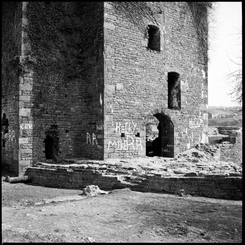 Black and white film negative showing the remains of the engine house with graffiti, Scott&#039;s Pit, Llansamlet. &#039;Scotts Pit&#039; is transcribed from original negative bag.