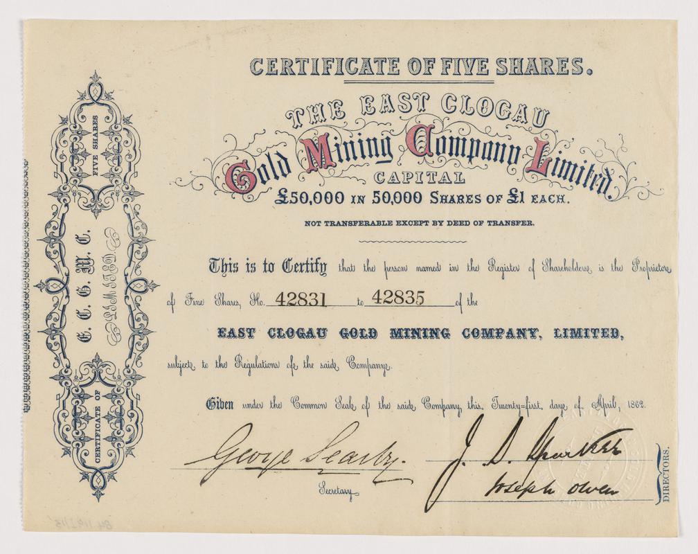 The East Clogau Gold Mining Company Limited, £1 ordinary shares, 1862