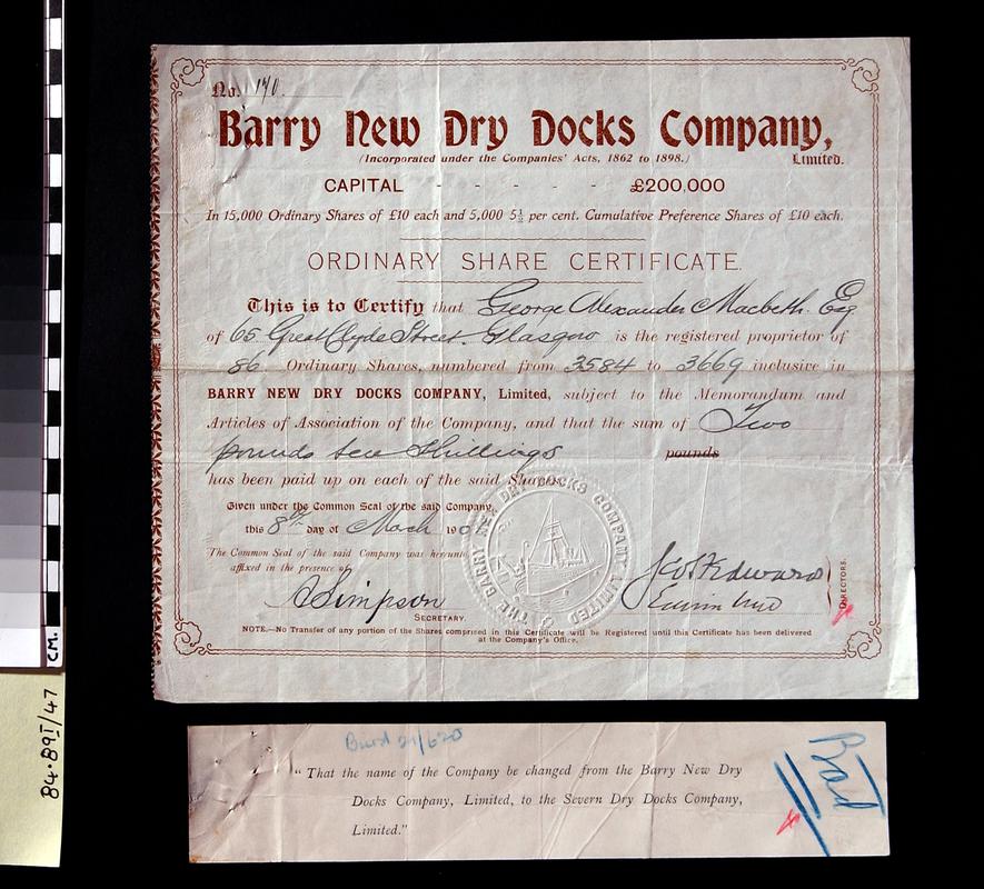 Barry New Dry Docks Company Ltd. share certificate