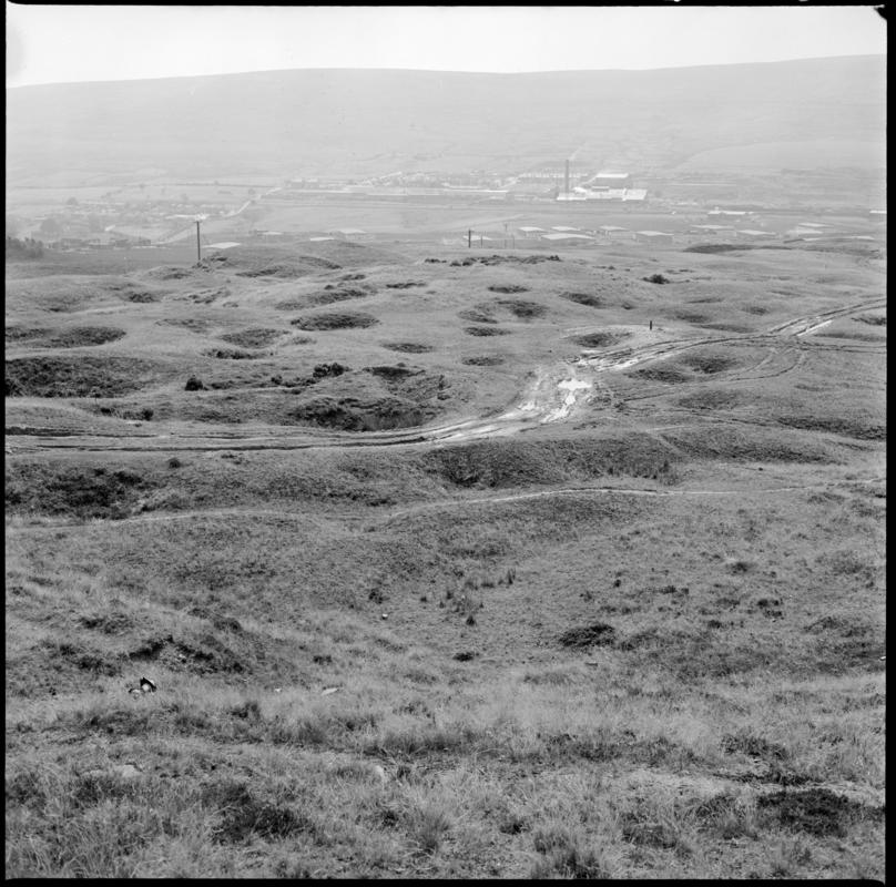 Black and white film negative showing the Blaenavon Bell pits to the north of the furnaces, August 1978.  &#039;Bell Pits, Aug 1978&#039; is transcribed from original negative bag.