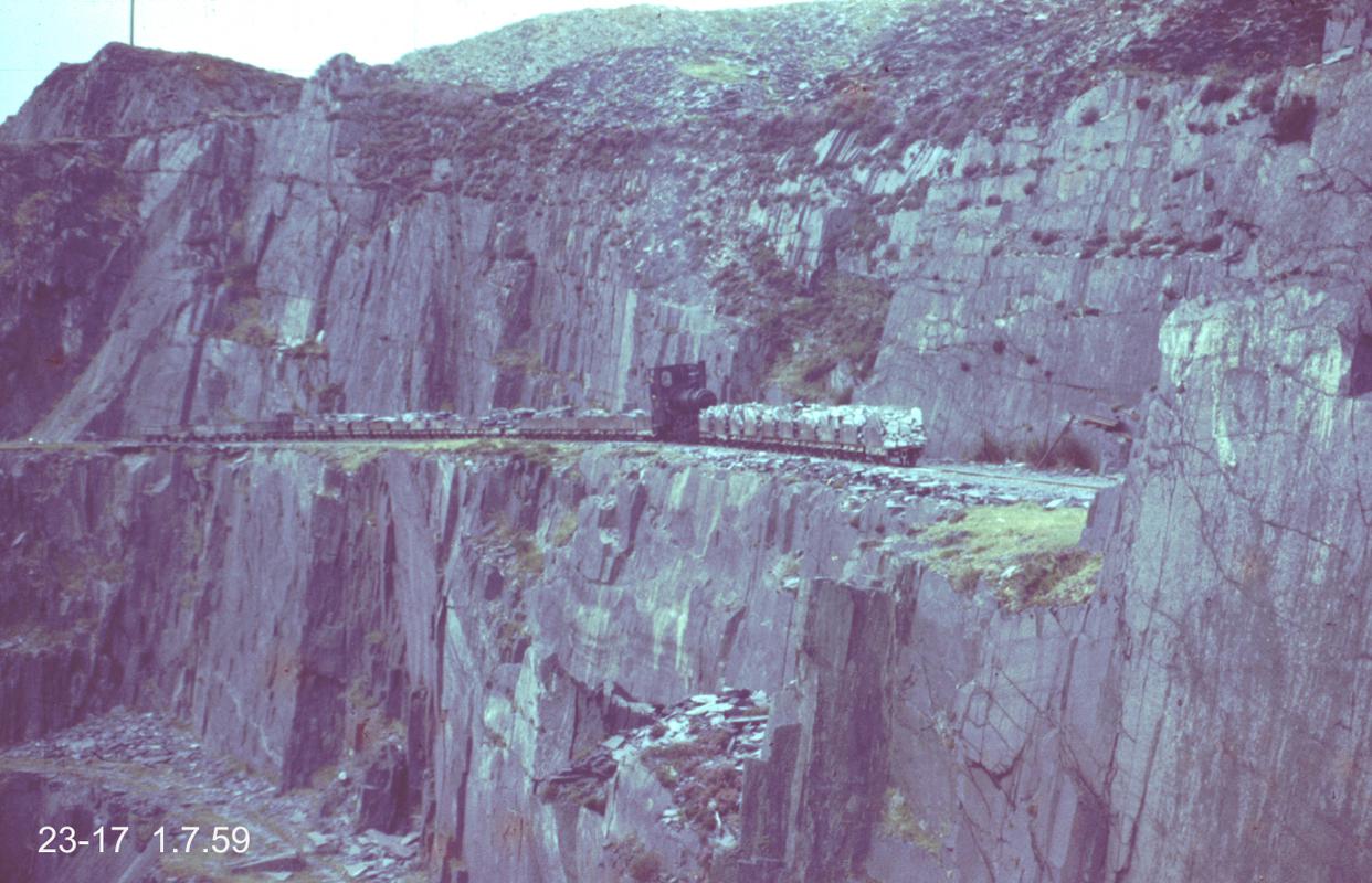 A stem engine shunting wagons on one of the ponciau (galleries), Penrhyn Quarry