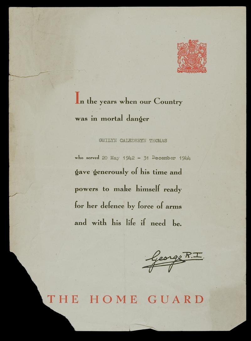 Home Guard Service Certificate, 1942-44