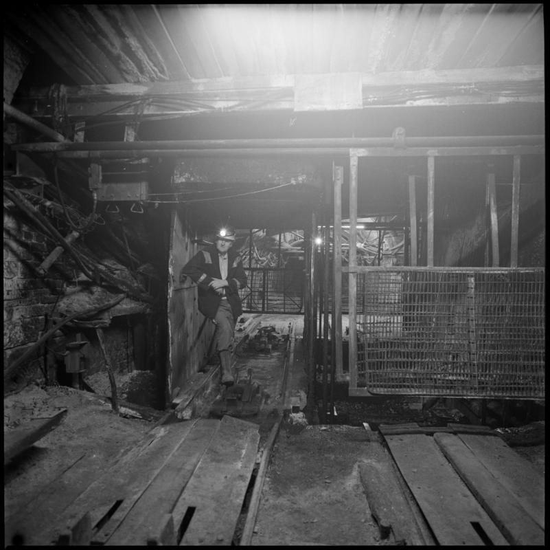 Black and white film negative showing pit bottom, Lewis Merthyr Colliery.  Appears to be identical to 2009.3/2694.