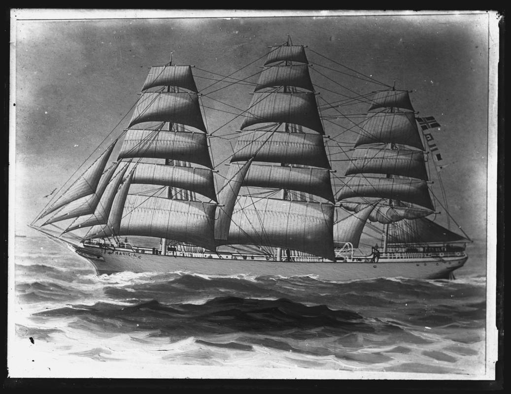 Photograph of a painting showing a port broadside view of the three-masted barque MANICIA.
