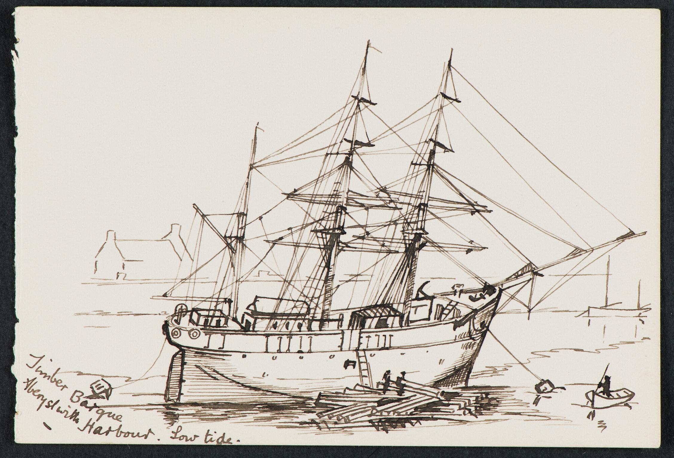 Timber Barque, Aberystwyth Harbour. Low Tide (drawing)
