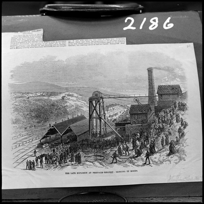 Black and white film negative showing the scene after the Ferndale Colliery explosion of ?10 June 1869, a sketched illustration photographed from a publication.  &#039;Ferndale&#039; is transcribed from original negative bag.