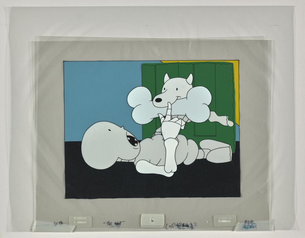 Funny Bones animation production artwork from episode &#039;The Pet Shop&#039; showing characters Little and Dog. Six sheets of cellulose acetate.