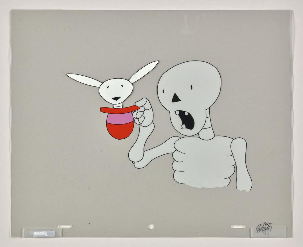 Funny Bones animation production artwork from episode &#039;Shake, Rattle and Roll&#039; showing the character Big and a rabbit. Three sheets of cellulose acetate.
