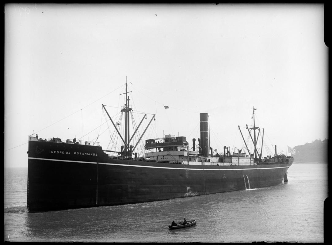 Three quarter Port bow view of S.S. GEORGIOS POTAMIANOS and waterman&#039;s boat, 1939.
