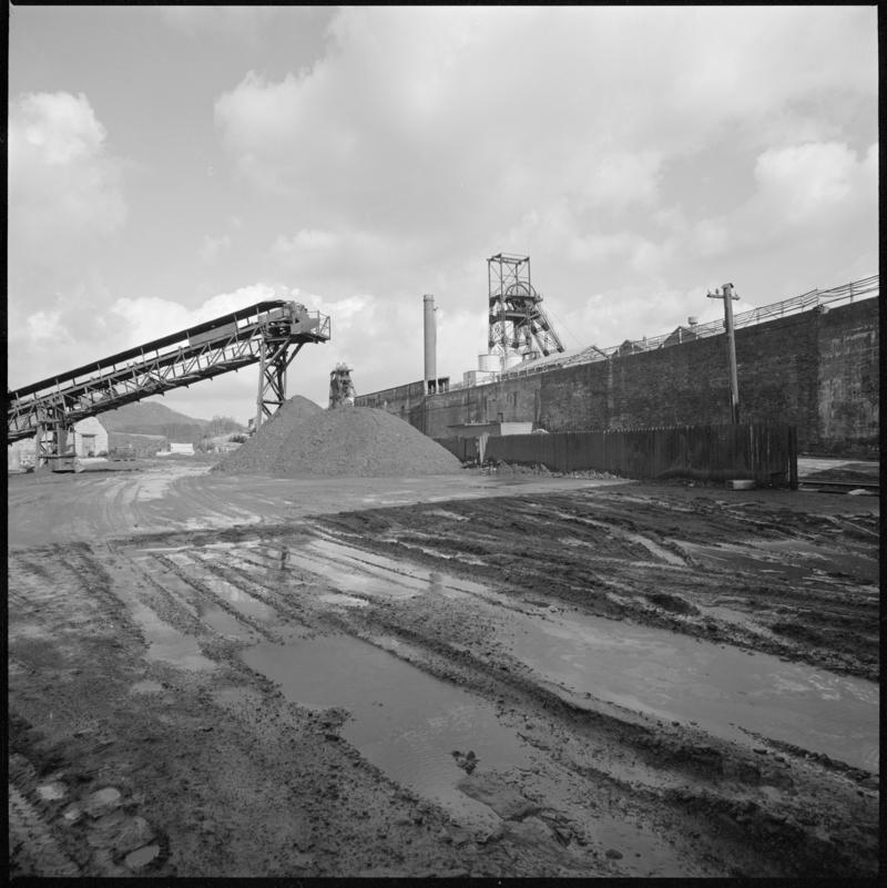 Black and white film negative showing a surface view of Cefn Coed Colliery. &#039;Cefn Coed&#039; is transcribed from original negative bag.
