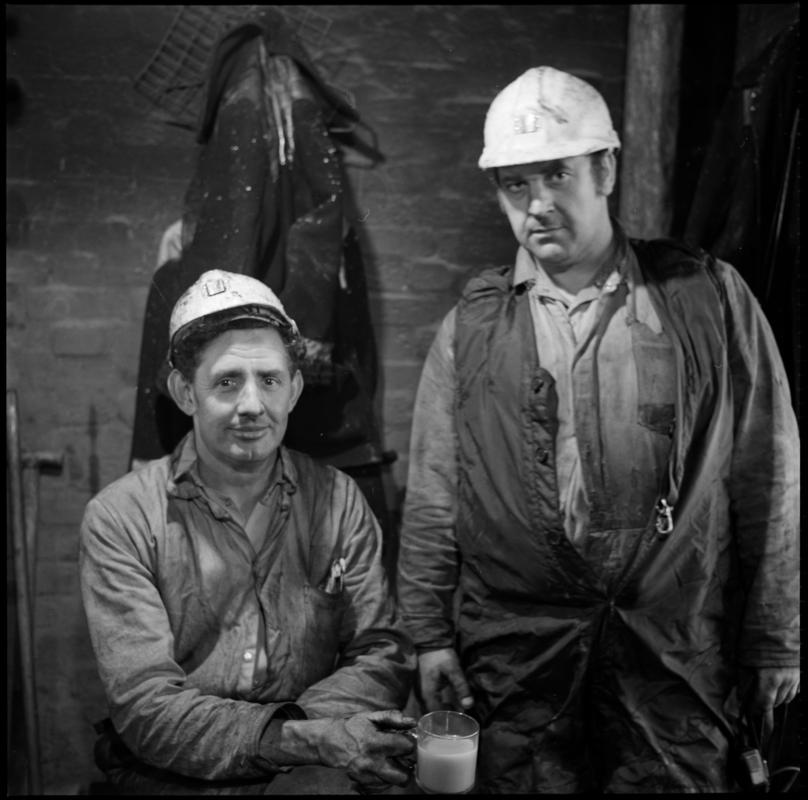 Black and white film negative of a photograph showing two Celynen South Colliery workers, 6 November 1985.  &#039;South Celynen 6 Nov 1985&#039; is transcribed from original negative bag.