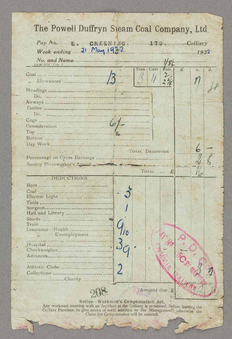 Pay slip issued to Edwin Greening (working at Cwmneol Colliery) by The Powell Duffryn Steam Coal Company, Ltd. for week ending 21 May 1932. Stuck onto green card (to be removed).