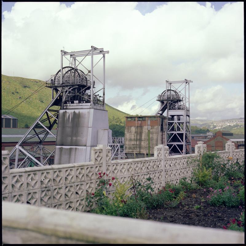 Colour film negative showing the upcast and downcast shafts, Taff Merthyr Colliery.  &#039;Taff Merthyr&#039; is transcribed from original negative bag.
