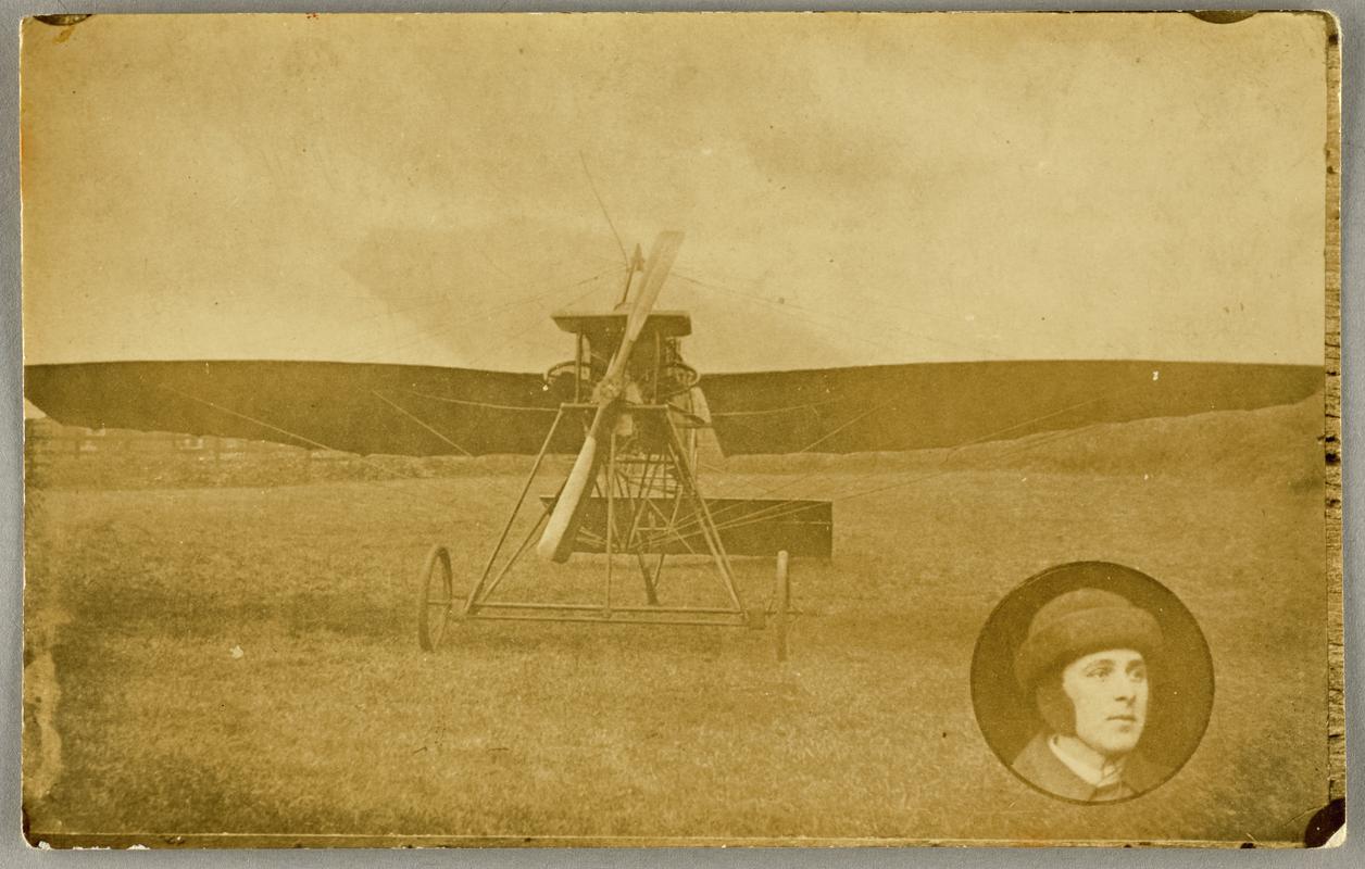 Photograph of C.H. Watkins&#039; monoplane with portrait of Watkins wearing flying hat in inset at bottom right. Annotated on the reverse by Watkins.