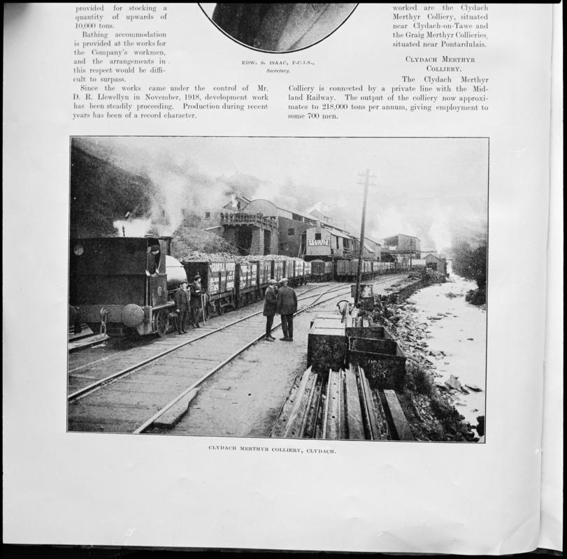 Black and white film negative showing a general view of  Clydach Merthyr Colliery, photographed from a publication. &#039;Clydach Merthyr Colliery&#039; is transcribed from original negative bag.