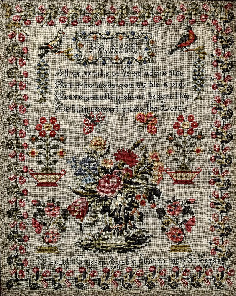 Sampler (motifs and verse), made in St Fagans, 1854