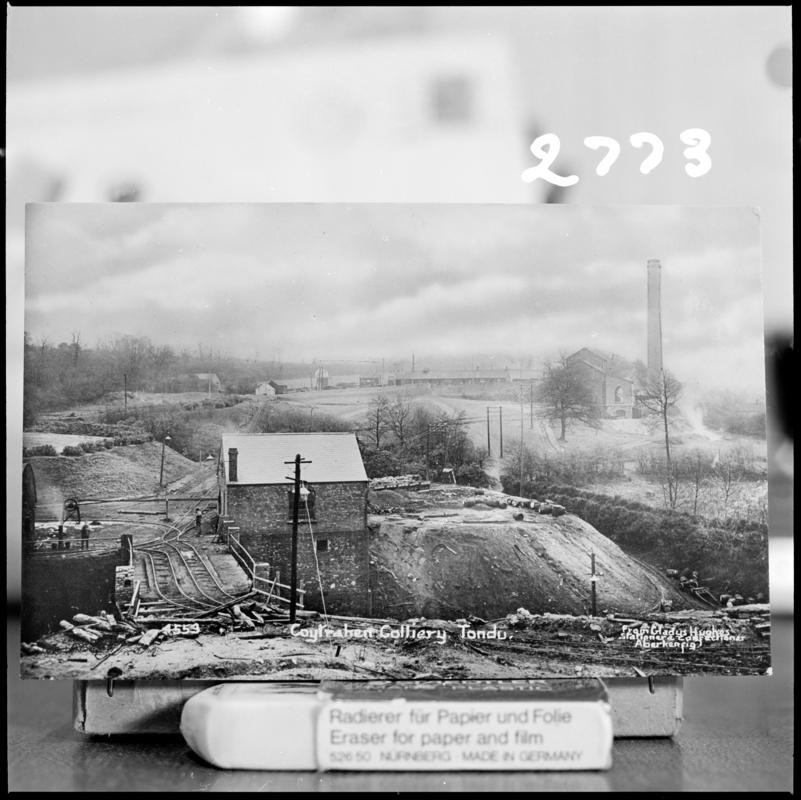 Black and white film negative of a photograph showing a surface view of Coytrahen Colliery, Tondu.  &#039;Coytrahen&#039; is transcribed from original negative bag.
