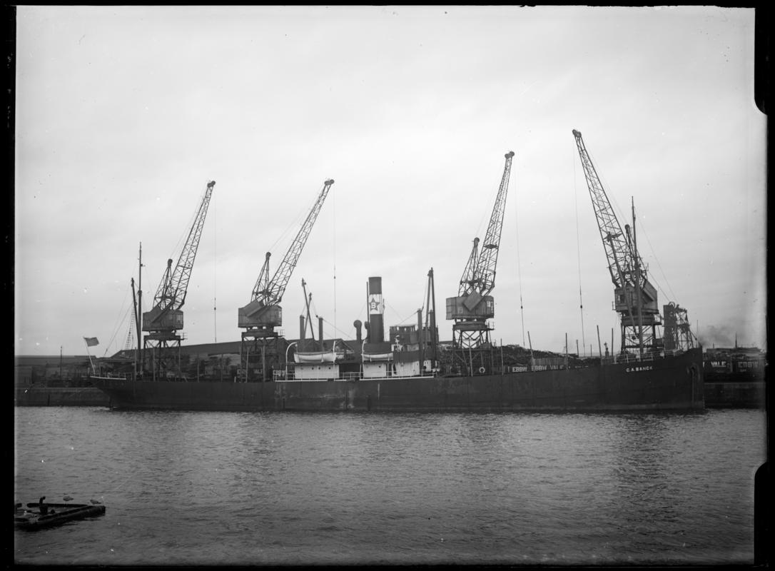 Starboard broadside view of S.S. C.A. BANCK at Cardiff Docks, c.1936.