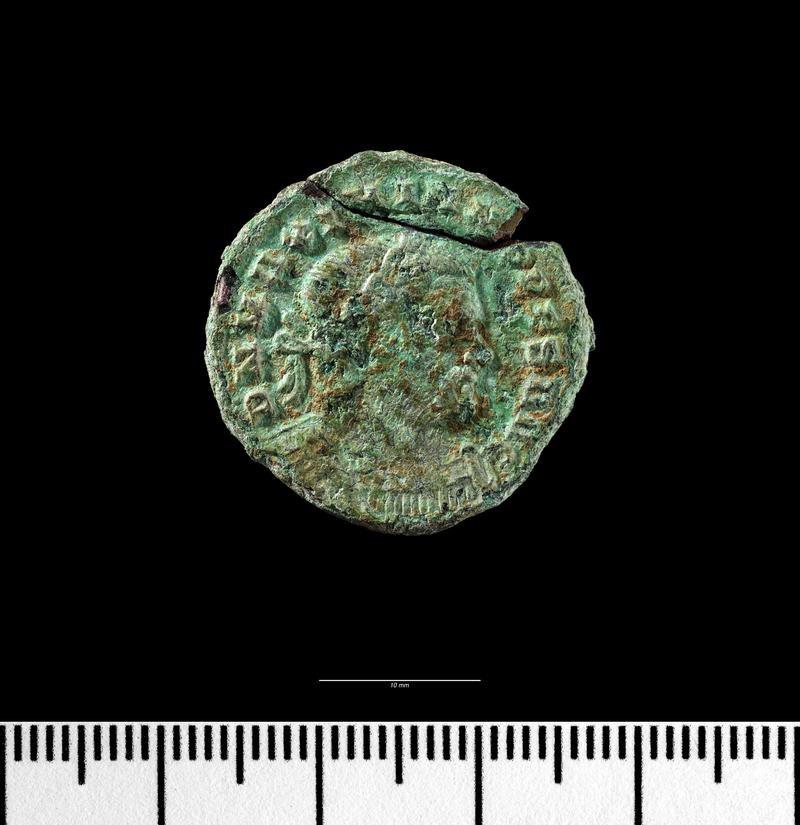 Maximian nummus - Obverse -  A late Roman coin of the Emperor Maximian was found in a molehill inside the fort in the 1930s. It was minted in London in AD 307.