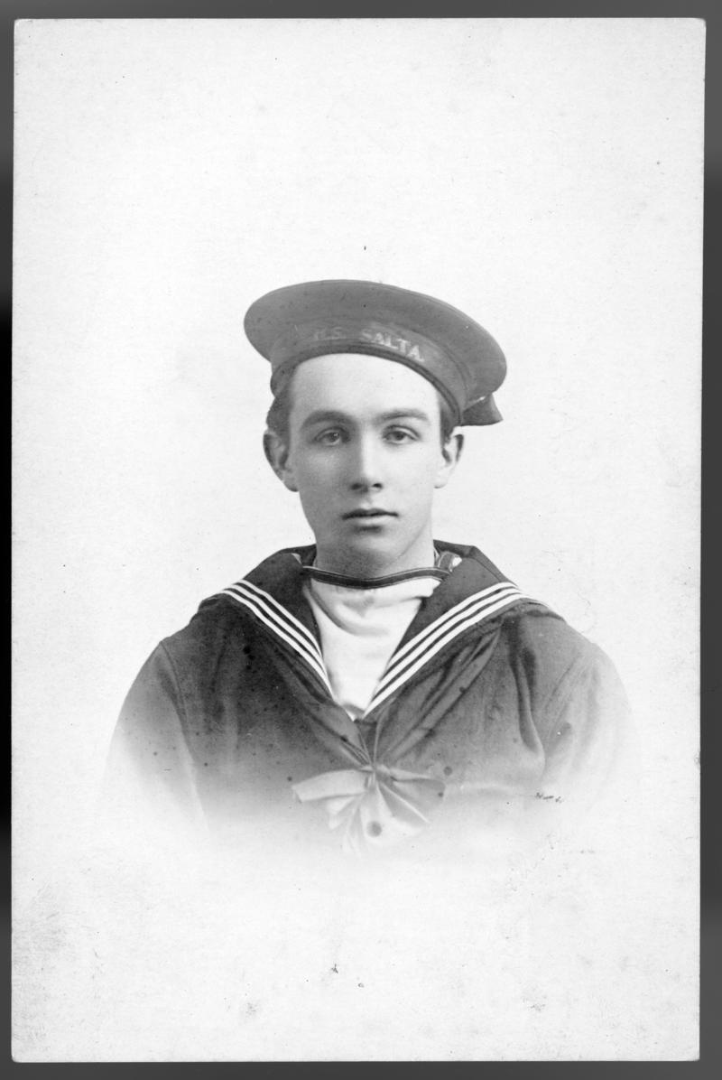 Selwyn James of Glanmordy, Aberporth, in naval uniform with cap reading &quot;H.S. SALTA&quot;. He was lost at sea during the First World War.