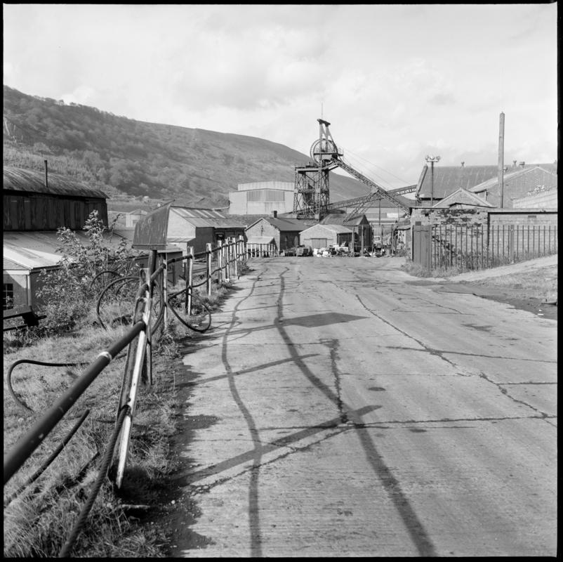 Black and white film negative showing a view of Abertillery New Mine yard, 30 October 1975.  &#039;Abertillery New Mine 30 Oct 1975&#039; is transcribed from original negative bag.