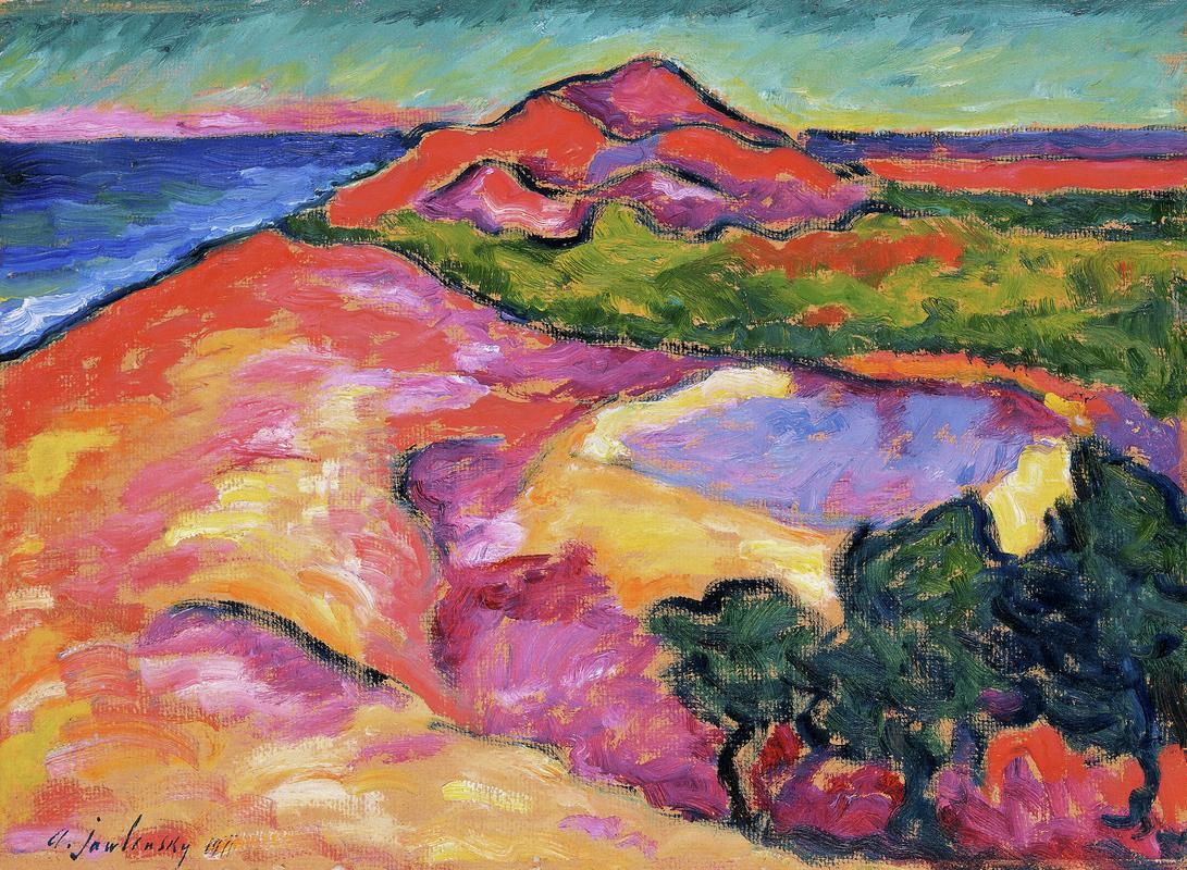 Coast scene with red hill