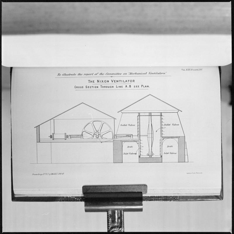 Black and white film negative showing a drawing of the Nixon&#039;s Ventilator which was made in 1898.  &#039;Deep Duffryn&#039; is transcribed from original negative bag.  Appears to be identical to 2009.3/2534.
