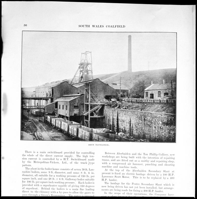Black and white film negative showing a general surface view of Bryn Navigation Colliery, photographed from a publication.  &#039;Bryn Navigation Colliery&#039; is transcribed from original negative bag.