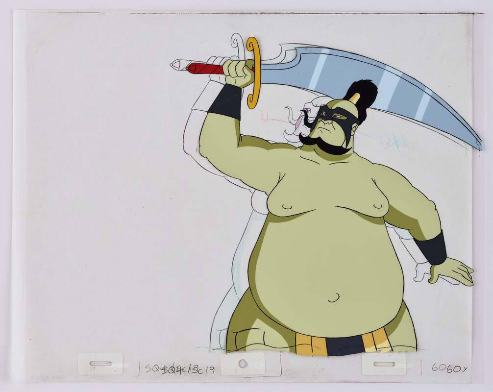 Turandot animation production artwork showing the character Executioner. Sketch on paper overlaid with cellulose acetate.