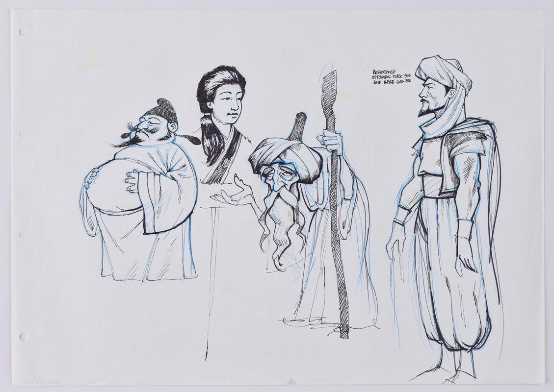 Turandot animation production sketch of a minister, Liu, Timur and Calaf.