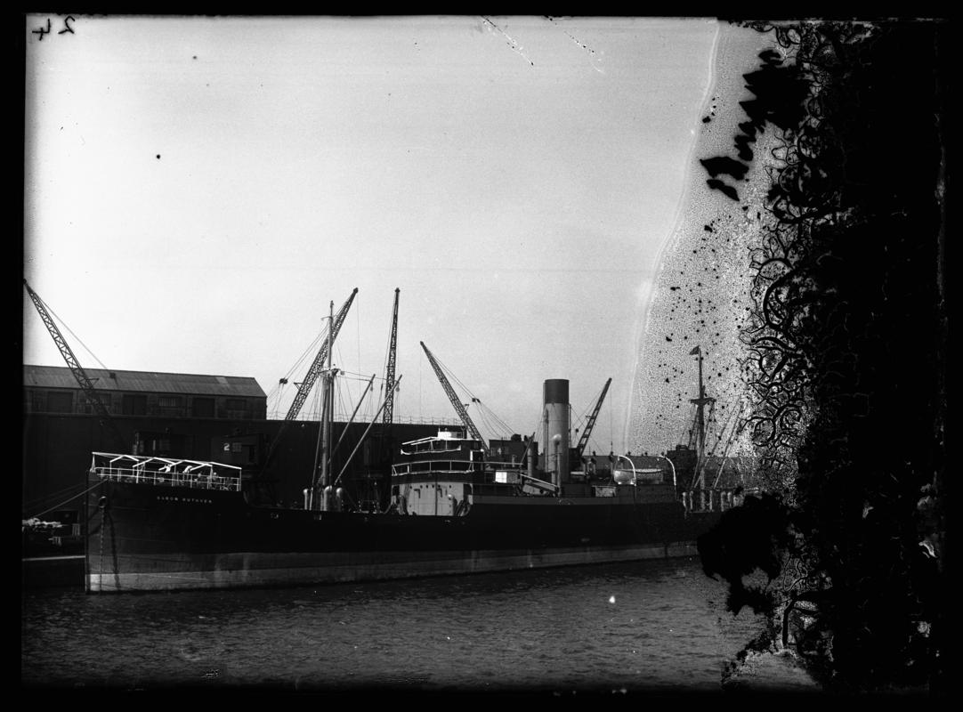 Port broadside view of S.S. BARON RUTHVEN at Cardiff Docks, c.1932.