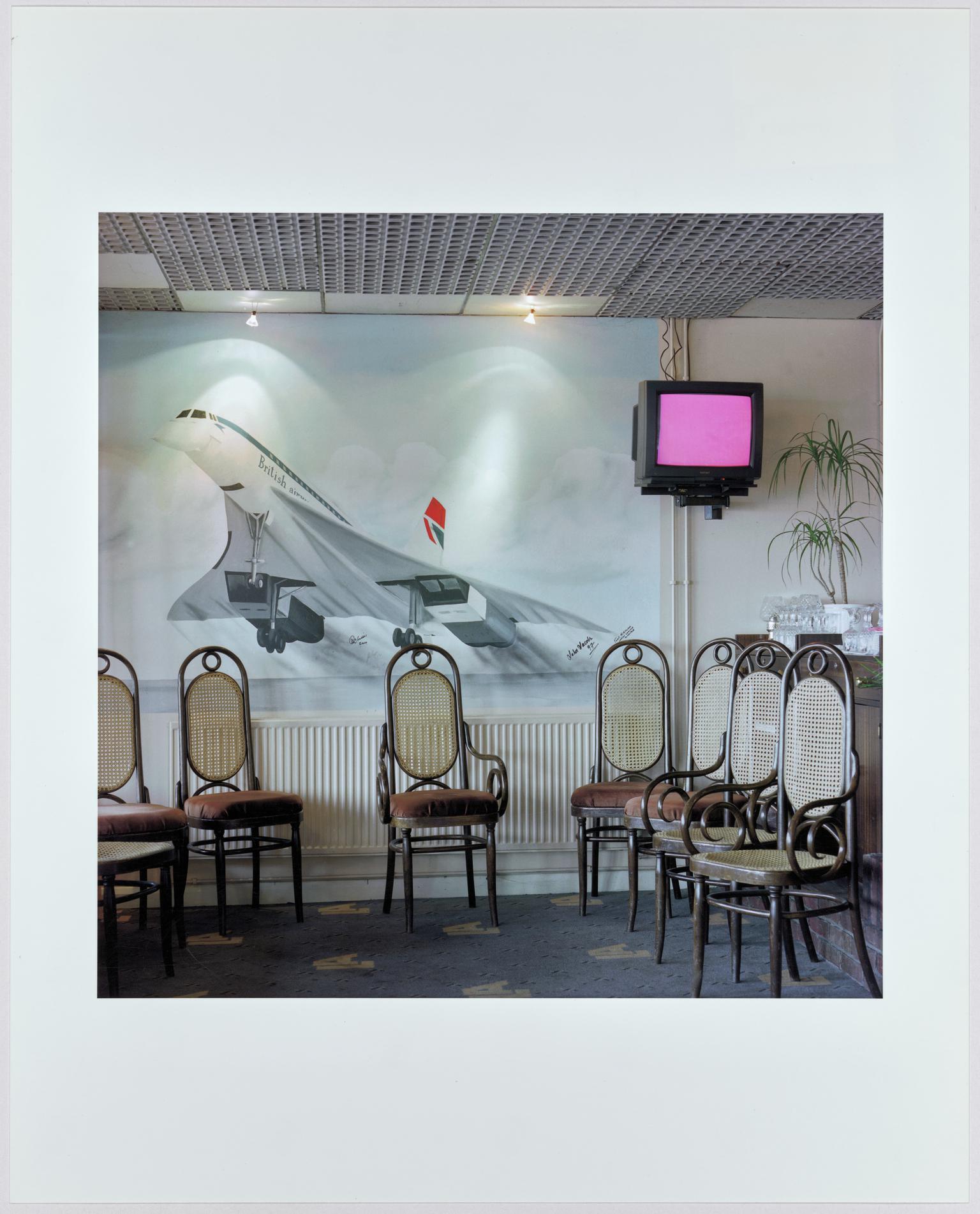 Lydd Airport. Cafe with painting of Concorde. Kent