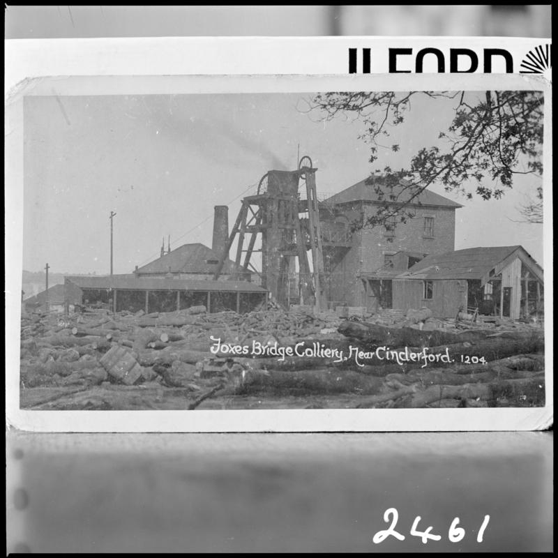 Black and white film negative of a photograph showing a surface view of Foxes Bridge Colliery, Cinderford.  &#039;Foxes Bridge&#039; is transcribed from original negative bag.