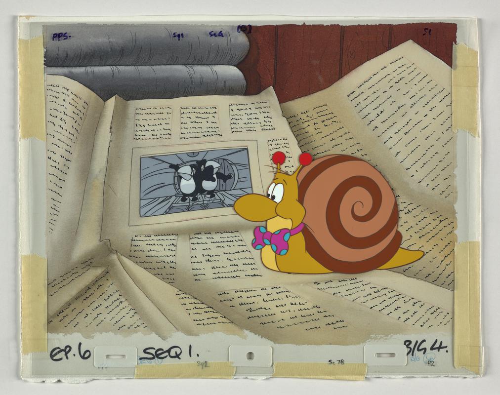 Toucan Tecs animation production artwork showing the character Samson. Card background overlaid with two sheets of cellulose acetate.