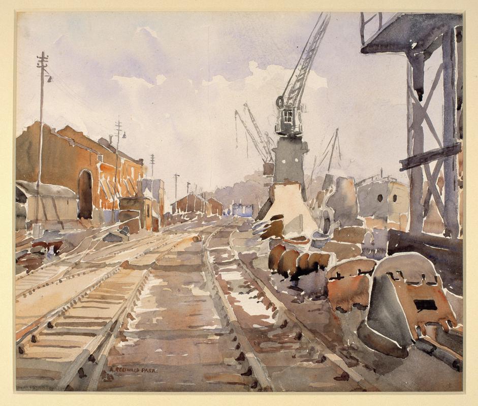 Watercolour of Sunday morning at Penarth dock by A. Reginald Parr