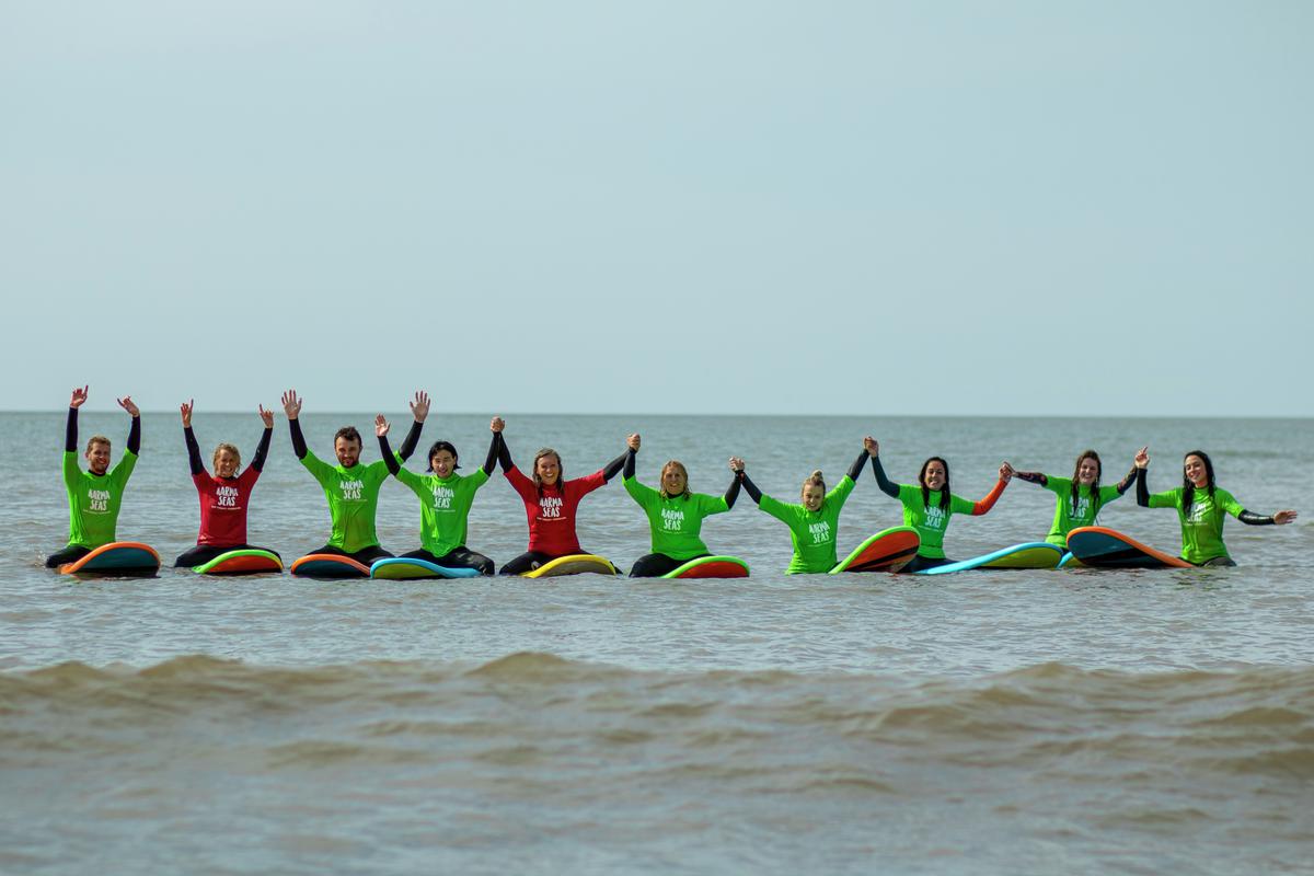 Digital photograph of LGBTQ+ surf group ‘Surf Out’ at Rest Bay, Porthcawl, September 2020.