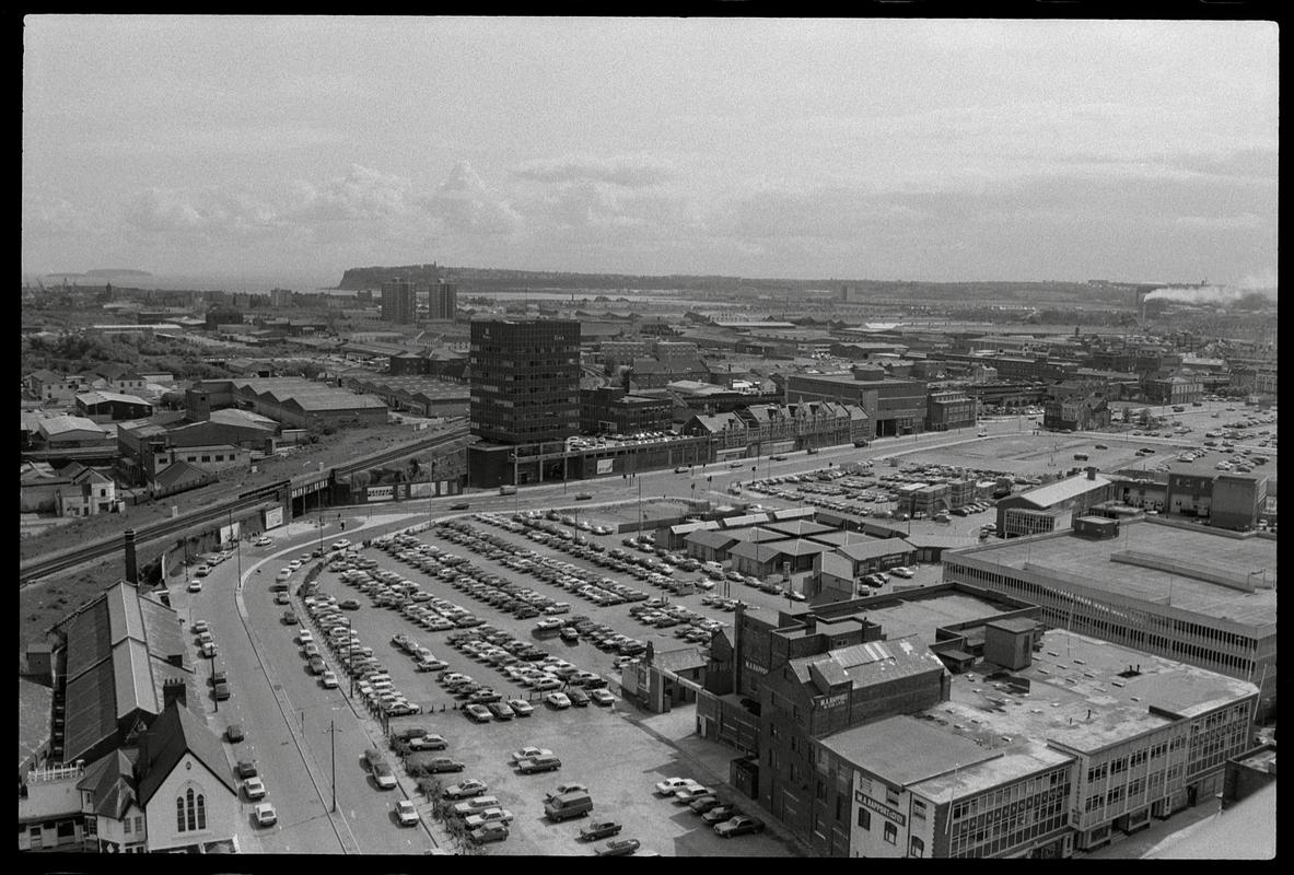 View from top of building on Churchill Way, looking south over railway line to Bute Road.