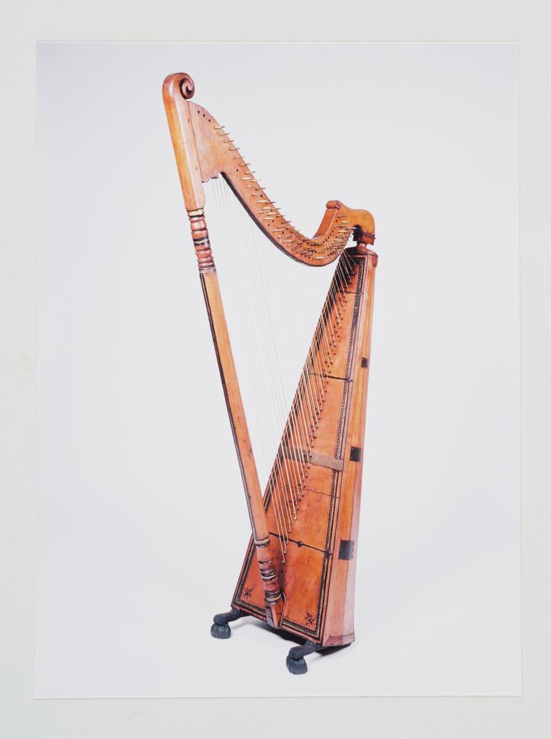 Triple-strung harp made by John Morgan c. 1840 of Llangynllo, Radnorshire and used in Llangynllo church