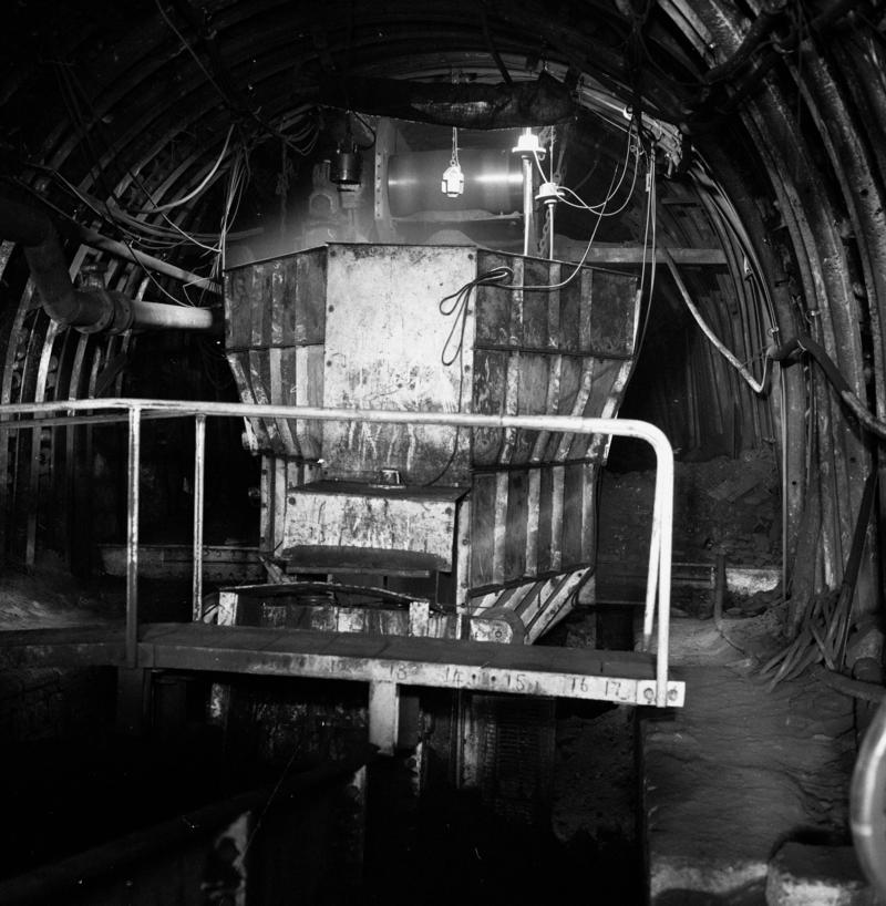 Black and white film negative showing an underground bunker? Oakdale Colliery, May 1980.  &#039;Oakdale May 1980&#039; is transcribed from original negative bag.
